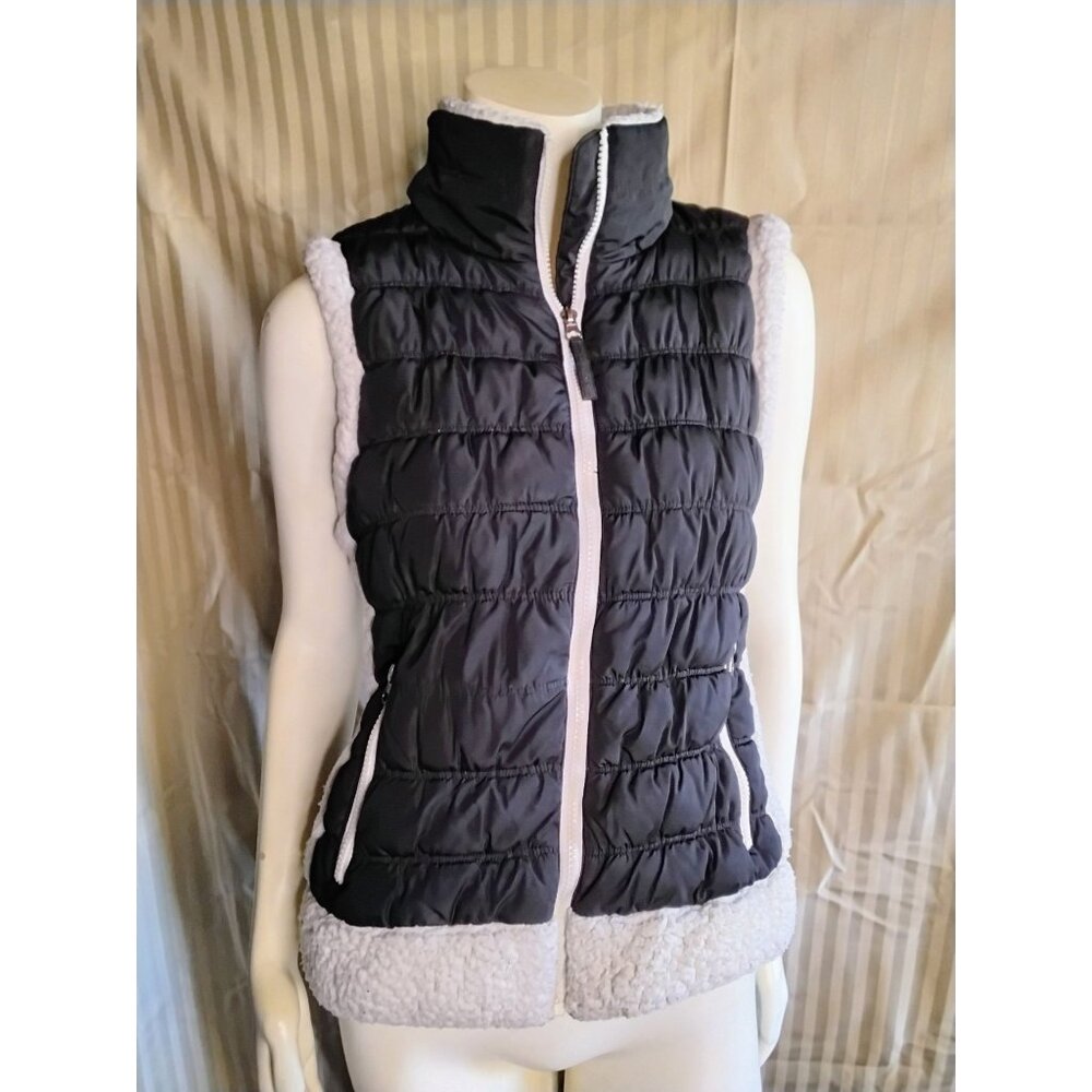 Calvin Klein Performance Womens Puffer Vest Medium Black & White Sherpa-Lined Zi